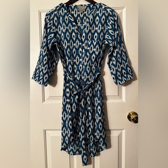 MAEVE Anthropologie Blue XS 3/4 Roll Tab Sleeve Ikat HiLo Belt V Neck Shirtdress - Picture 2 of 16